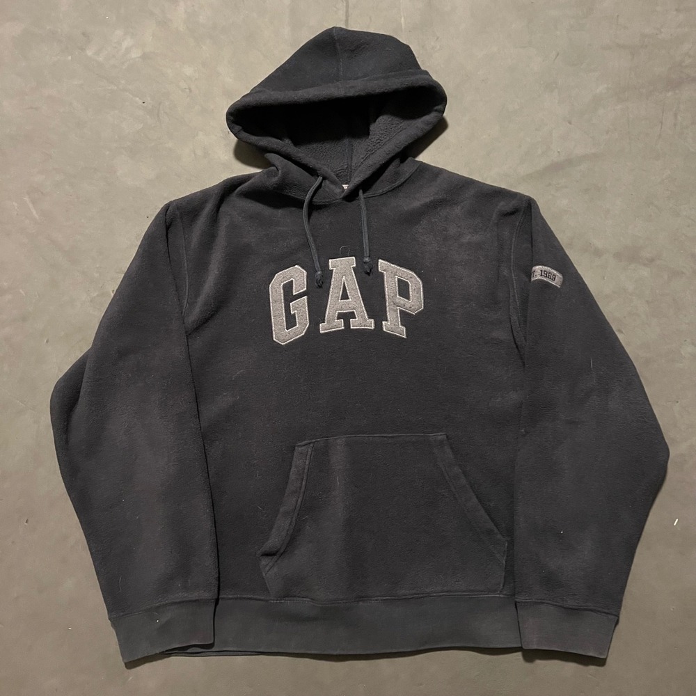 Vintage‎ GAP Mens Fleece Hoodie Navy Blue Embroidered Arch Logo Est 1969 Large